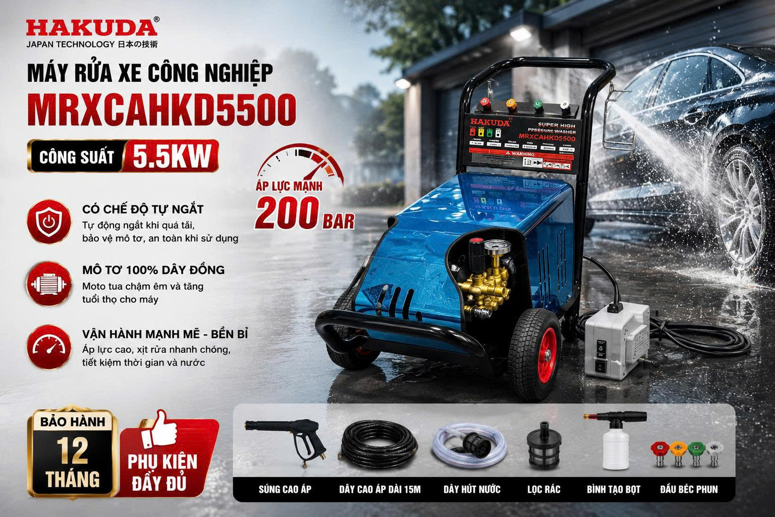 Máy Rửa Xe Công Nghiệp 5.5KW Hakuda MRXCAHKD5500 – Giải Pháp Vệ Sinh Chuyên Nghiệp Cho Mọi Nhu Cầu