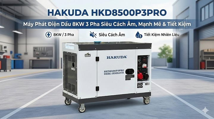 Hakuda HKD8500P3PRO – Máy Phát Điện Dầu 8KW 3 Pha Siêu Cách Âm, Mạnh Mẽ & Tiết Kiệm