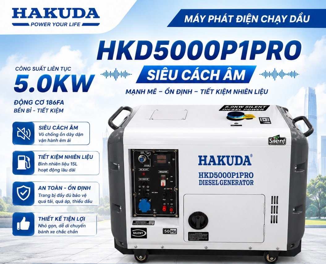Máy Phát Điện Hakuda HKD5000P1PRO 5KW Chạy Dầu Siêu Êm - Chính Hãng