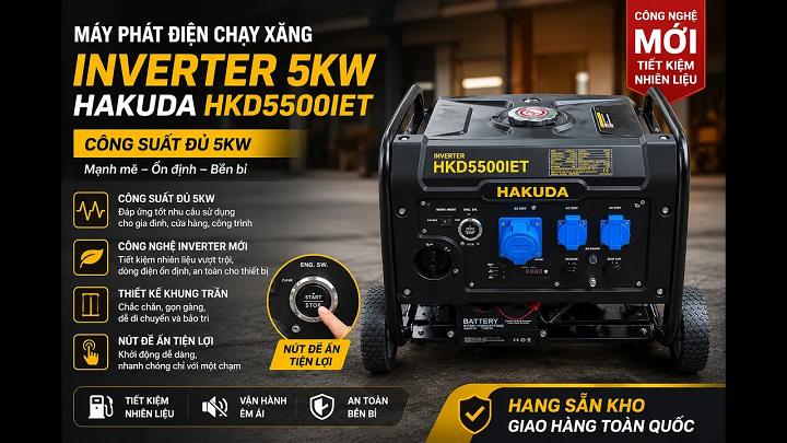Máy Phát Điện Chạy Xăng Inverter 5KW Hakuda HKD5500IET – Giải Pháp Năng Lượng Thông Minh Tiết Kiệm Tối Đa