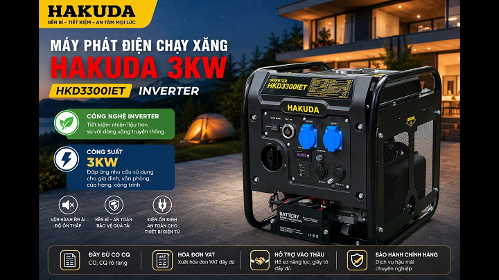 Máy Phát Điện Chạy Xăng Inverter 3KW Hakuda HKD3300IET – Giải Pháp Điện Dự Phòng Tiết Kiệm, Êm Ái Và Hiện Đại