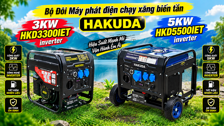 Giải Pháp Điện Sạch & Tiết Kiệm: Bộ Đôi Máy Phát Điện Biến Tần HAKUDA 3KW & 5KW Inverter