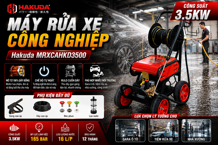 Máy Rửa Xe Công Nghiệp 3.5KW Hakuda MRXCAHKD3500: Lực Phun Mạnh - Vận Hành Bền Bỉ