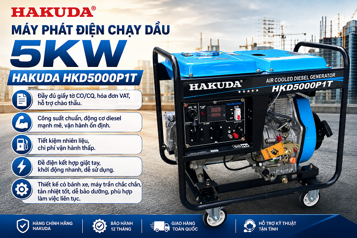 Máy Phát Điện Chạy Dầu 5KW Hakuda HKD5000P1T – Công Suất Ổn Định, Tiết Kiệm Nhiên Liệu