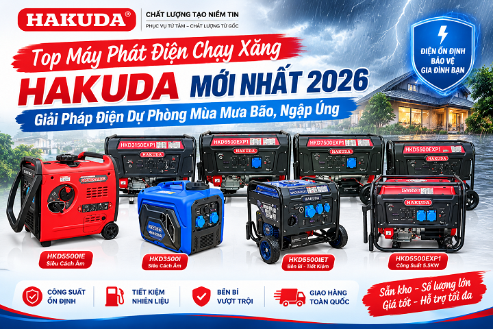 Top Máy Phát Điện Chạy Xăng HAKUDA Mới Nhất 2026: Giải Pháp Điện Dự Phòng Mùa Mưa Bão, Ngập Úng