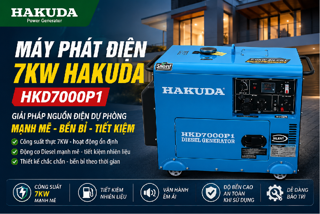 Máy Phát Điện 7KW Hakuda HKD7000P1 – Giải Pháp Nguồn Điện Dự Phòng Mạnh Mẽ, Tiết Kiệm Và Bền Bỉ