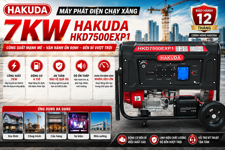 Máy Phát Điện Chạy Xăng 7KW HAKUDA HKD7500EXP1 – Công Suất Mạnh, Vận Hành Ổn Định
