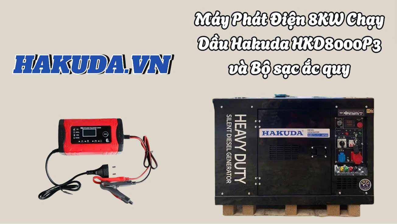 Máy Phát Điện 8KW Chạy Dầu Hakuda HKD8000P3 Và Sạc Ắc Quy 12V Tự Ngắt Thông Minh