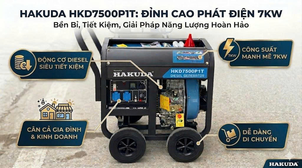 Máy Phát Điện Chạy Dầu 7KW Hakuda HKD7500P1T – Giải Pháp Dự Phòng Bền Bỉ Cho Gia Đình & Kinh Doanh
