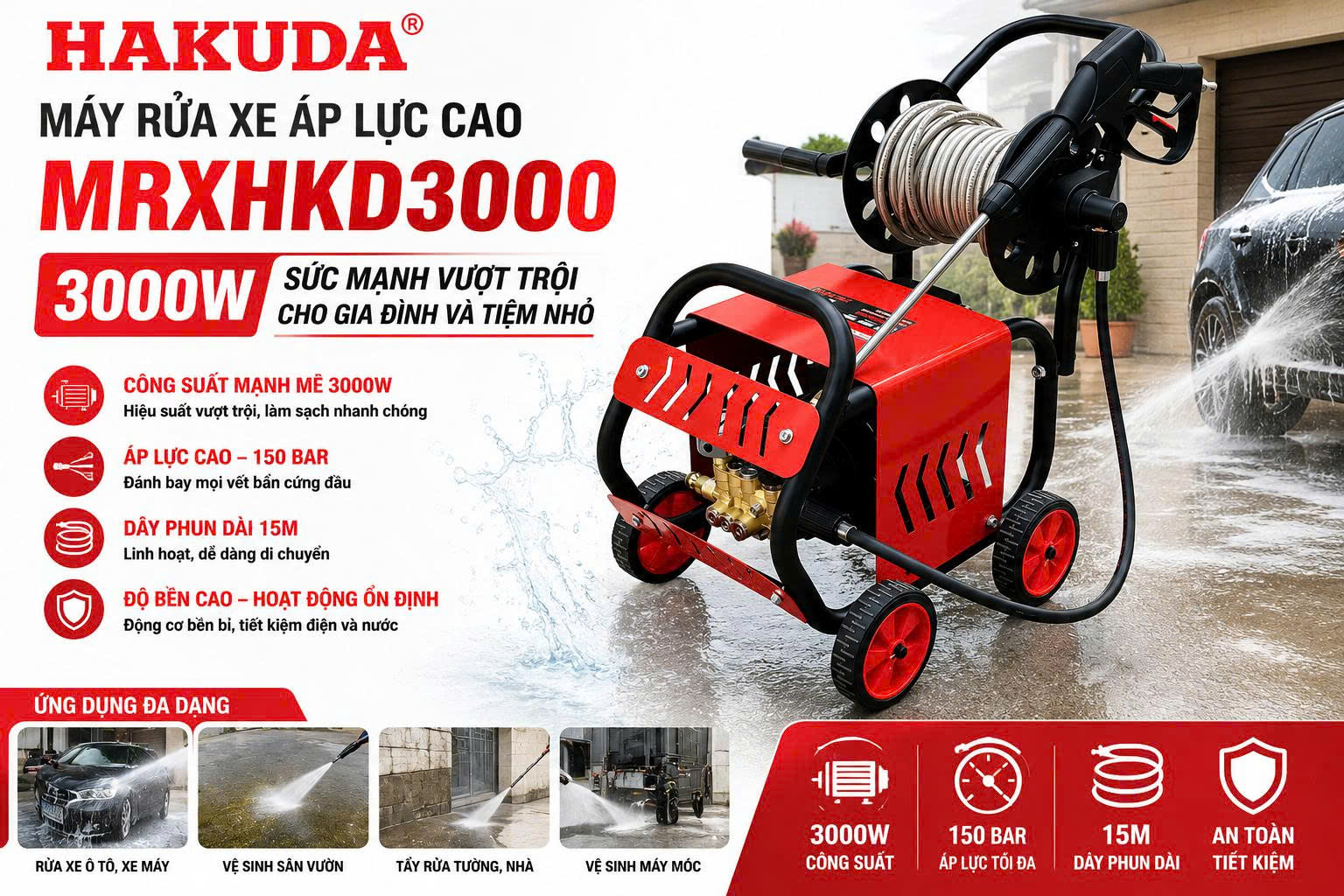 Máy Rửa Xe Áp Lực Cao 3000W Hakuda MRXHKD3000: Sức Mạnh Vượt Trội Cho Gia Đình Và Tiệm Nhỏ