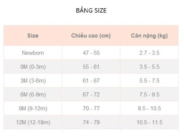 Bảng size chart set 2 bodysuit Nous cho bé