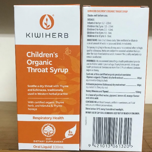 Siro ho Kiwiherb Organic Throat Syrup viêm họng, ho khan trẻ từ sơ sinh