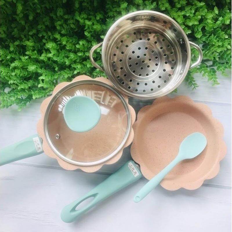 Bộ nồi chảo cho bé ăn dặm hoa cương kèm xửng hấp