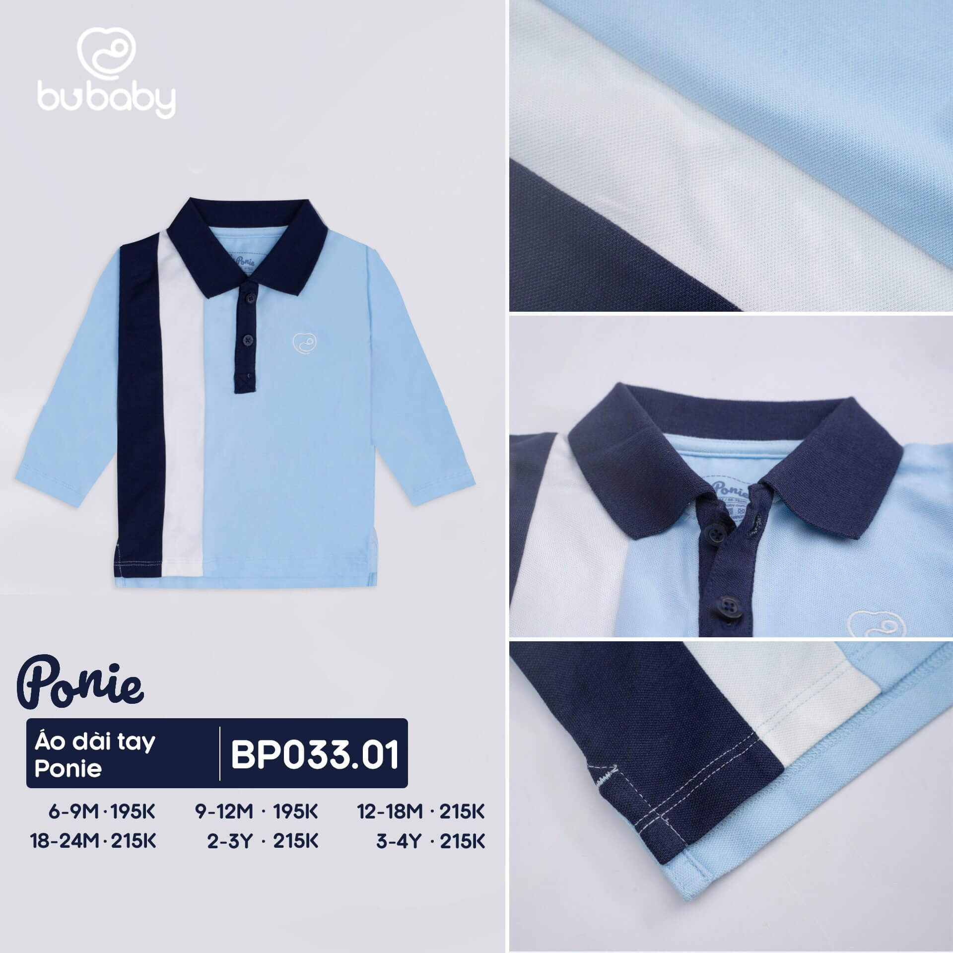 Áo dài tay Ponie Bu baby kiểu hai sọc cho bé từ 6 đến 24 tháng