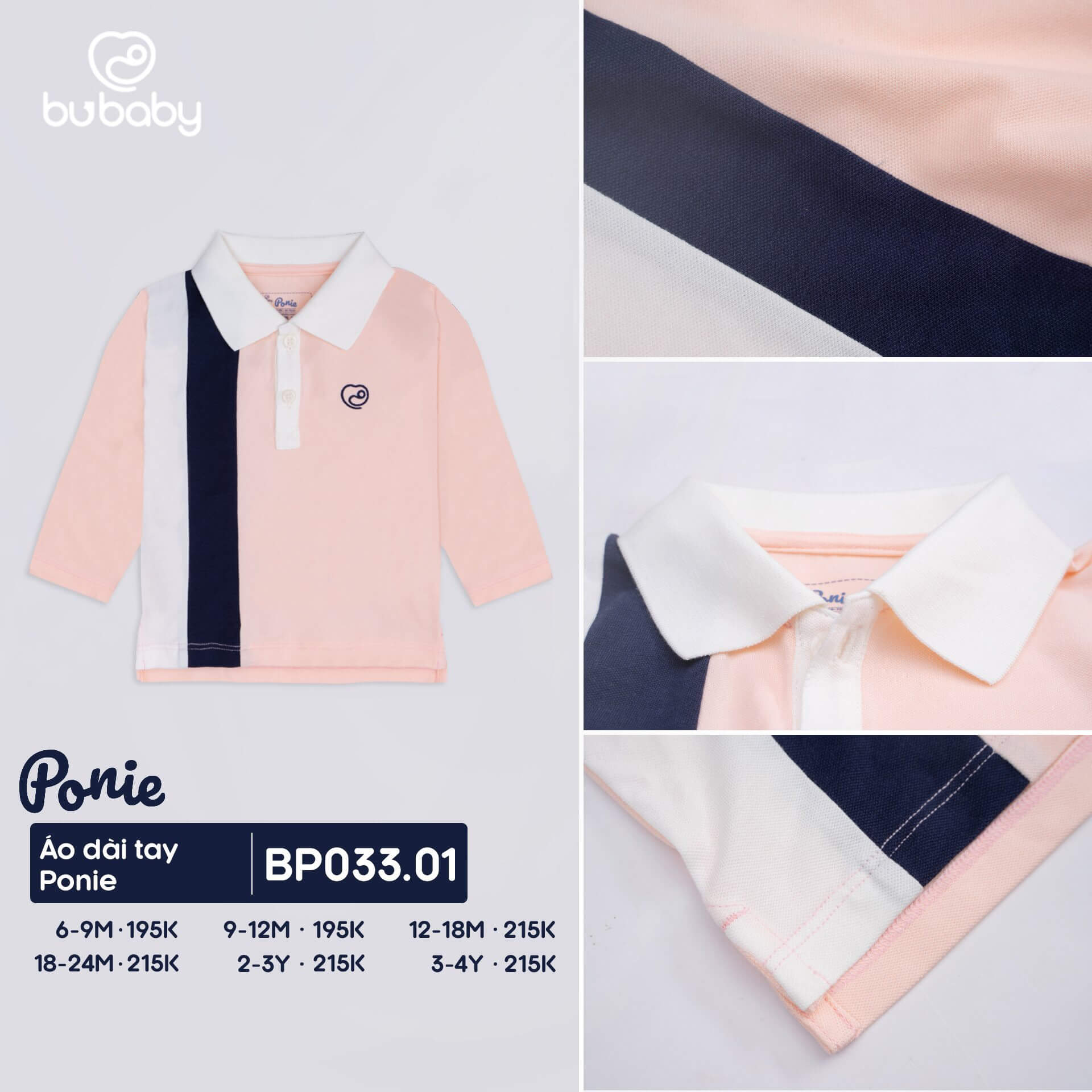 Áo dài tay Ponie Bu baby kiểu hai sọc cho bé từ 6 đến 24 tháng