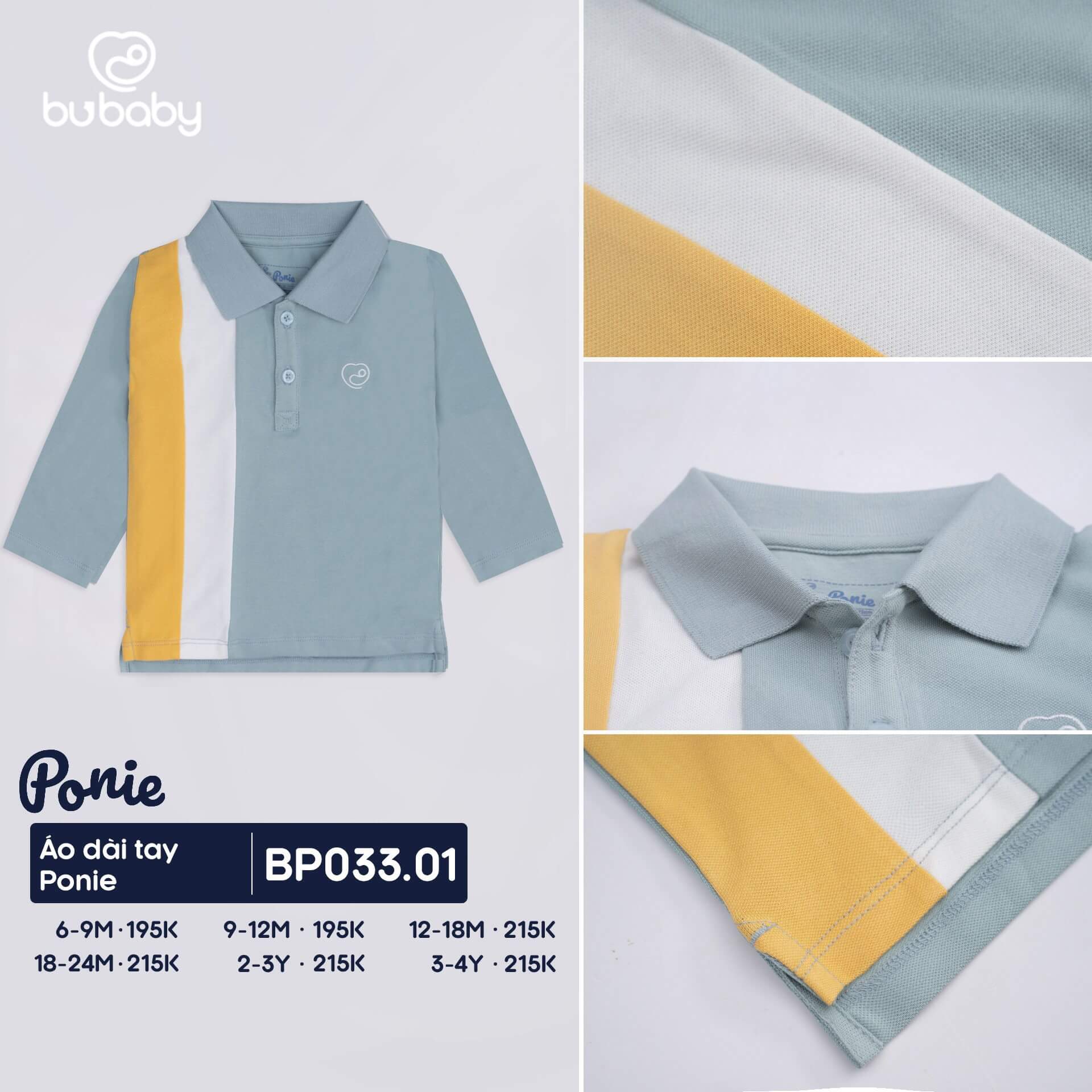 Áo dài tay Ponie Bu baby kiểu hai sọc cho bé từ 6 đến 24 tháng