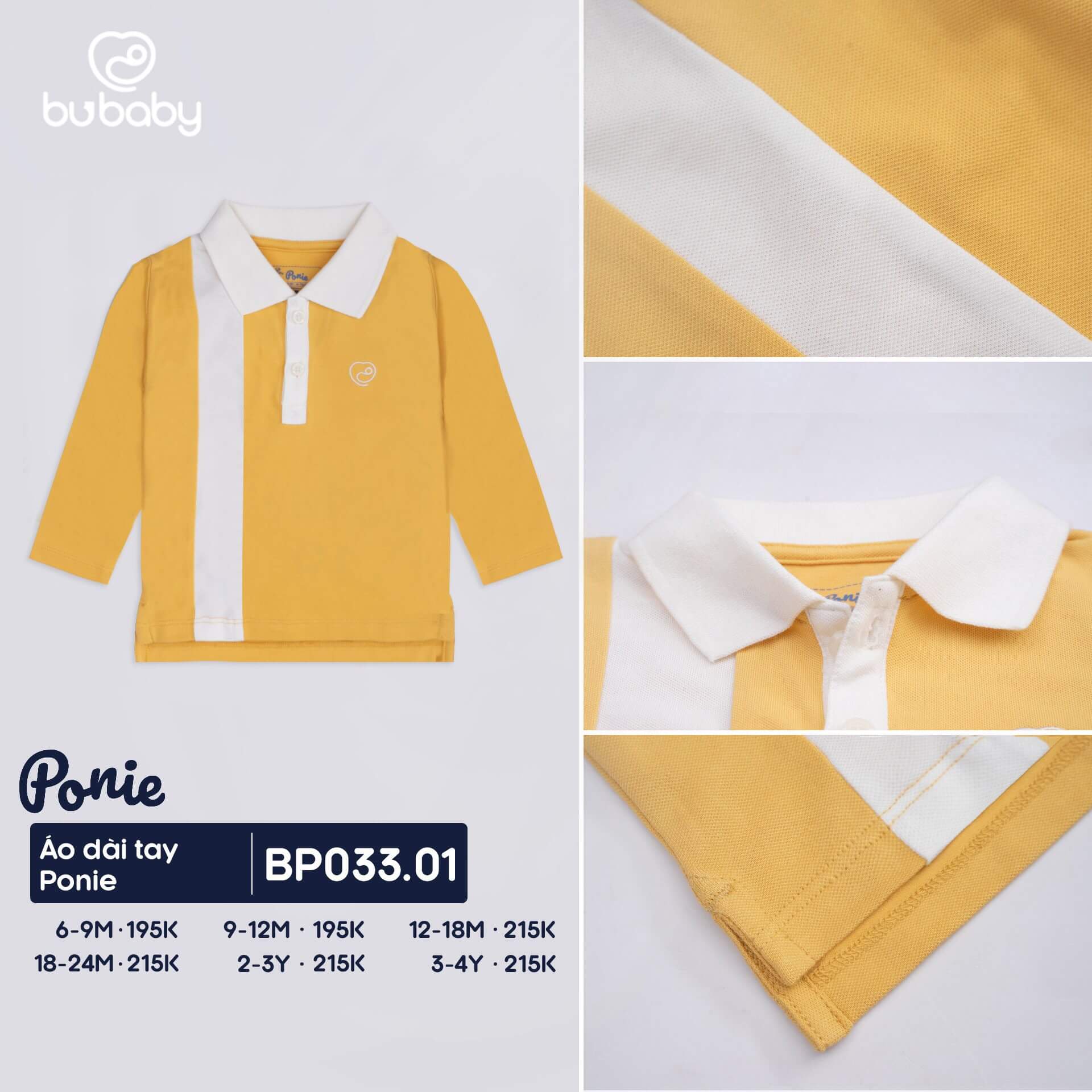 Áo dài tay Ponie Bu baby kiểu hai sọc cho bé từ 6 đến 24 tháng