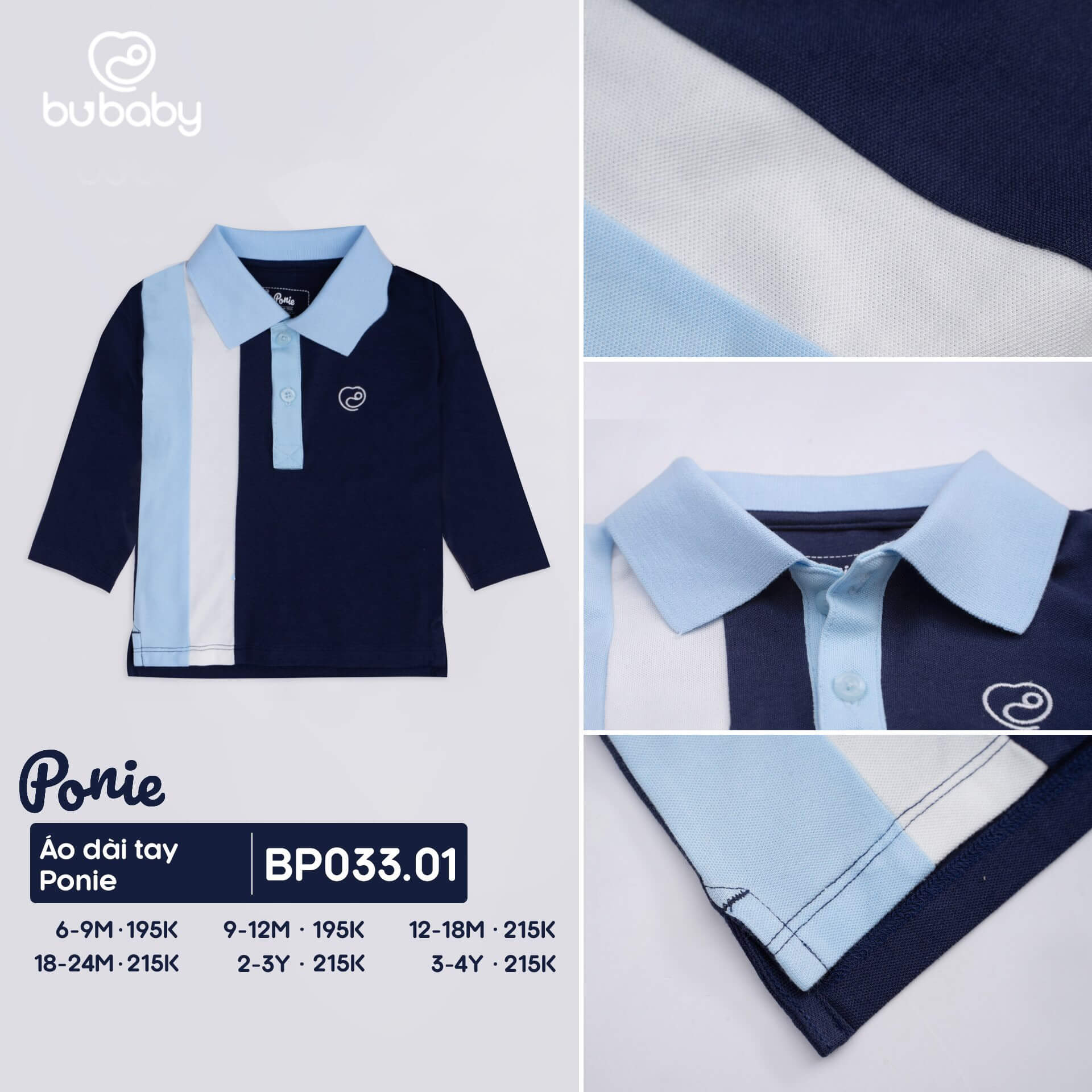 Áo dài tay Ponie Bu baby kiểu hai sọc cho bé từ 6 đến 24 tháng