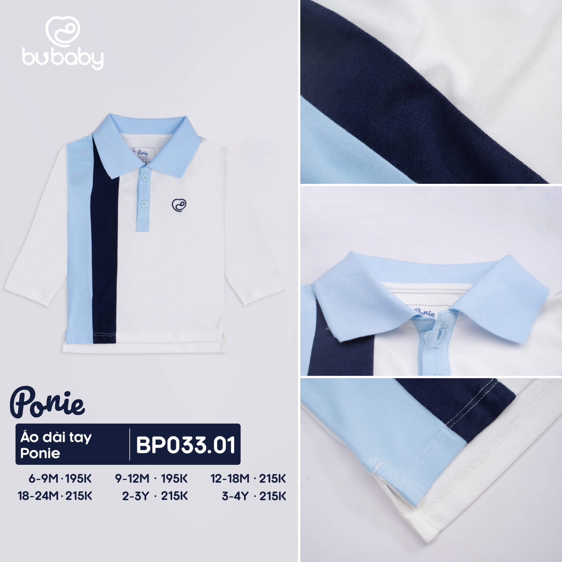 Áo dài tay Ponie Bu baby kiểu hai sọc cho bé từ 6 đến 24 tháng