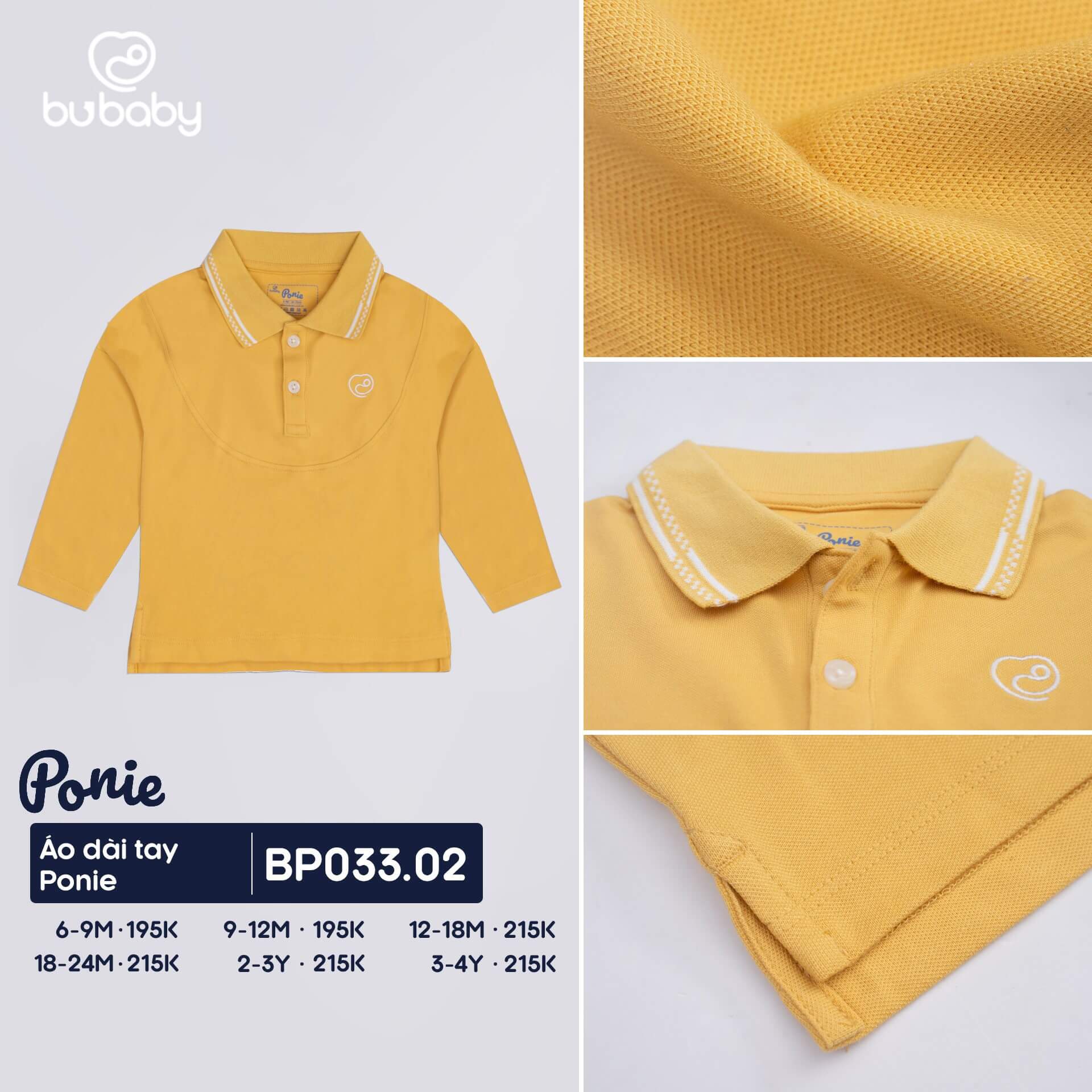 Áo dài tay Ponie Bu baby kiểu trơn viền ngực cho trẻ từ 6 đến 24 tháng