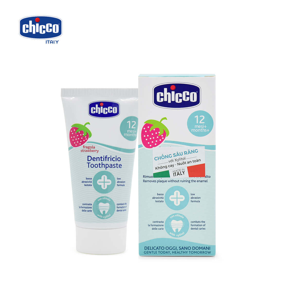 Kem đánh răng Chicco 50ml (Hương Chuối - táo 6M+, hương Dâu 12M+)