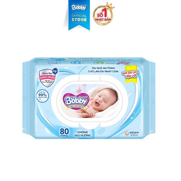 Khăn ướt Bobby không mùi nano bạc 80 miếng