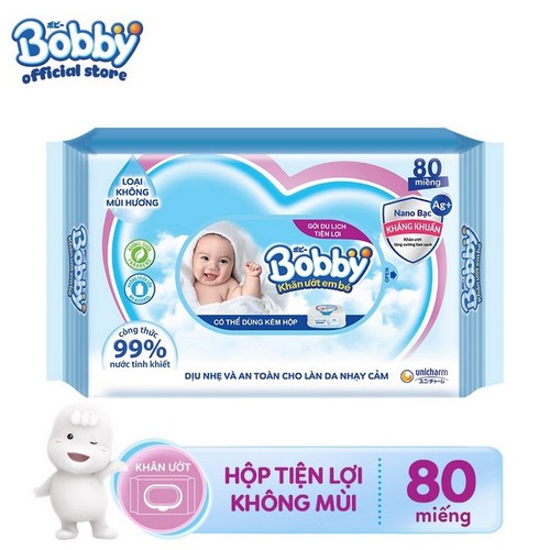 Khăn ướt Bobby không mùi nano bạc 80 miếng