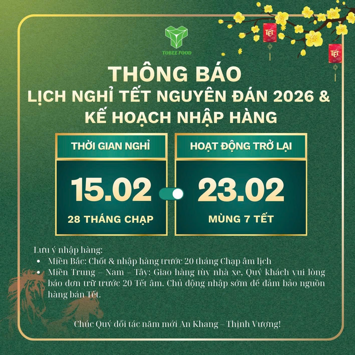 TOBEE FOOD - THÔNG BÁO LỊCH NGHỈ TẾT NGUYÊN ĐÁN 2026
