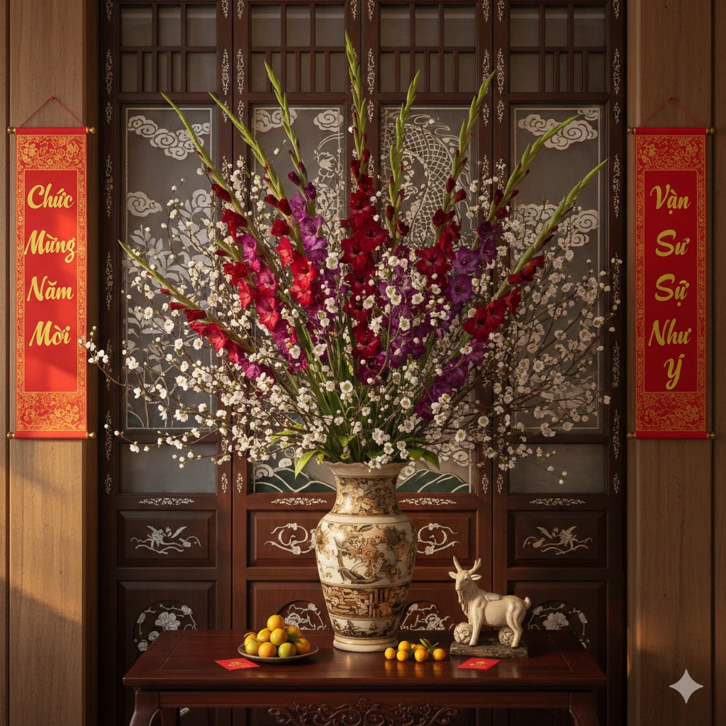 Cách cắm bình hoa lay ơn/tuyết mai đẹp chưng Tết 2026
