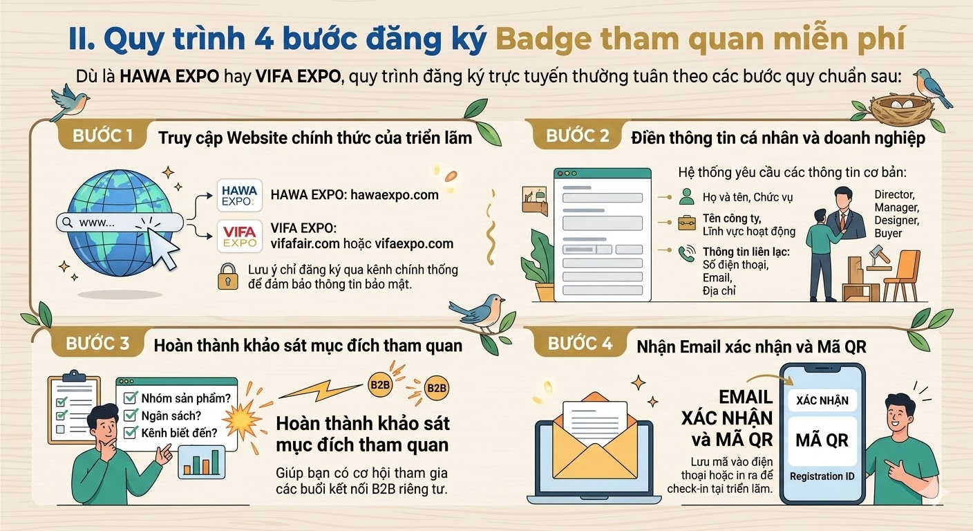 Quy trình đăng ký vé tham quan miễn phí (Badge) cho các hội chợ lớn như HAWA EXPO hay VIFA EXPO