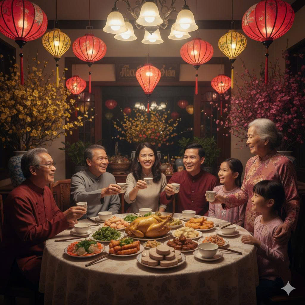 Mâm cỗ tất niên sum vầy, tràn ngập tiếng cười, nơi Mẹ luôn là người trao đi yêu thương thầm lặng, hạnh phúc khi nhìn thấy cả nhà đoàn viên.