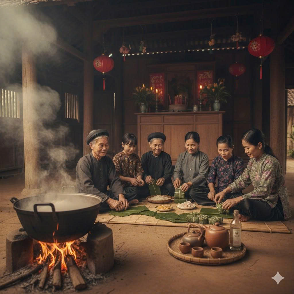 Tết xưa: cả gia đình quây quần gói bánh chưng, với nồi bánh đang sôi trên bếp lửa