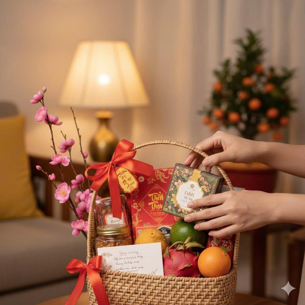 Nàng dâu đang cẩn thận chuẩn bị giỏ quà Tết, thể hiện sự chu đáo và tình cảm gửi gắm.