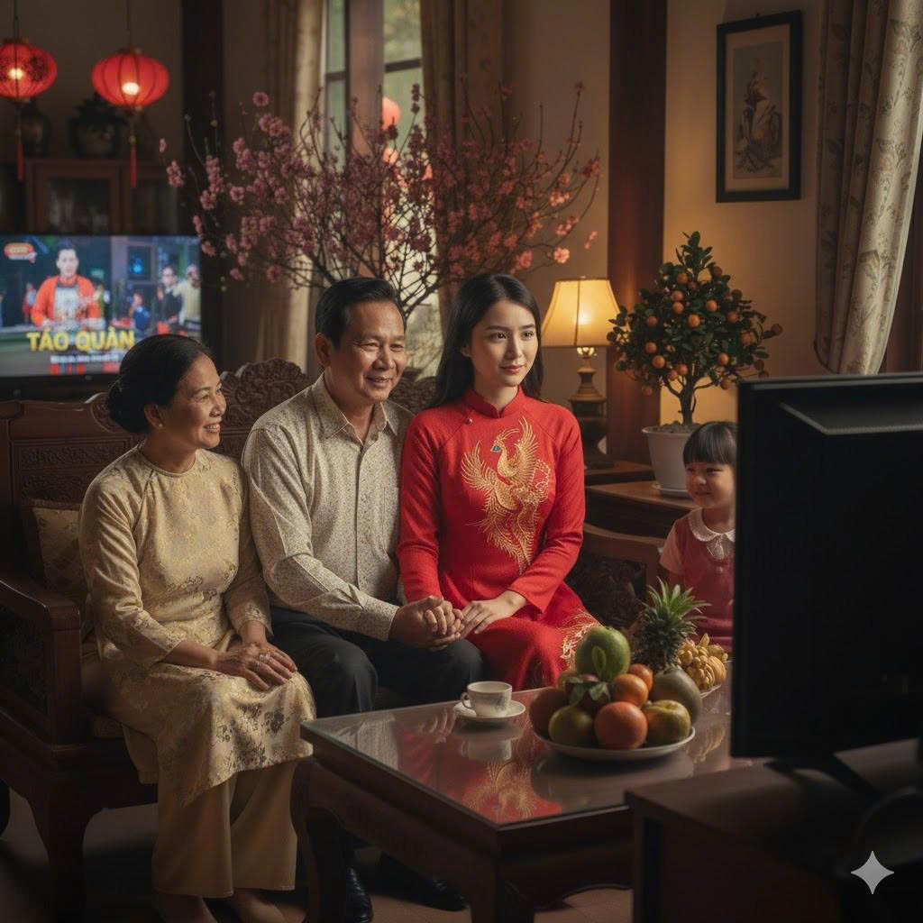 Khoảnh khắc giao thừa, nàng dâu tuy vẫn còn chút vương vấn nhưng đã mỉm cười, cảm nhận sự ấm áp của gia đình chồng.