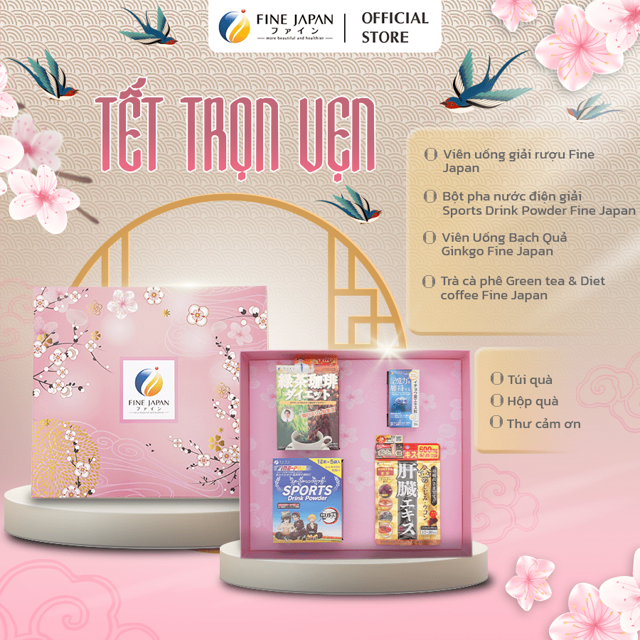 [Hộp quà Tết 2025] SAKURA TẾT TRỌN VẸN Fine Japan cho nam giới trung niên (bảo vệ gan, bổ não, điện giải, trà cà phê)