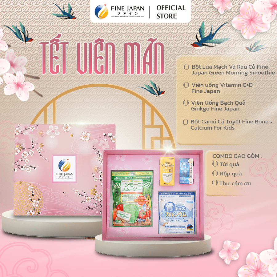 [Hộp quà Tết 2025] SAKURA TẾT VIÊN MÃN Fine Japan quà cho cả gia đình (Bột rau xanh, Vitamin CD, bổ não, canxi cá tuyết)