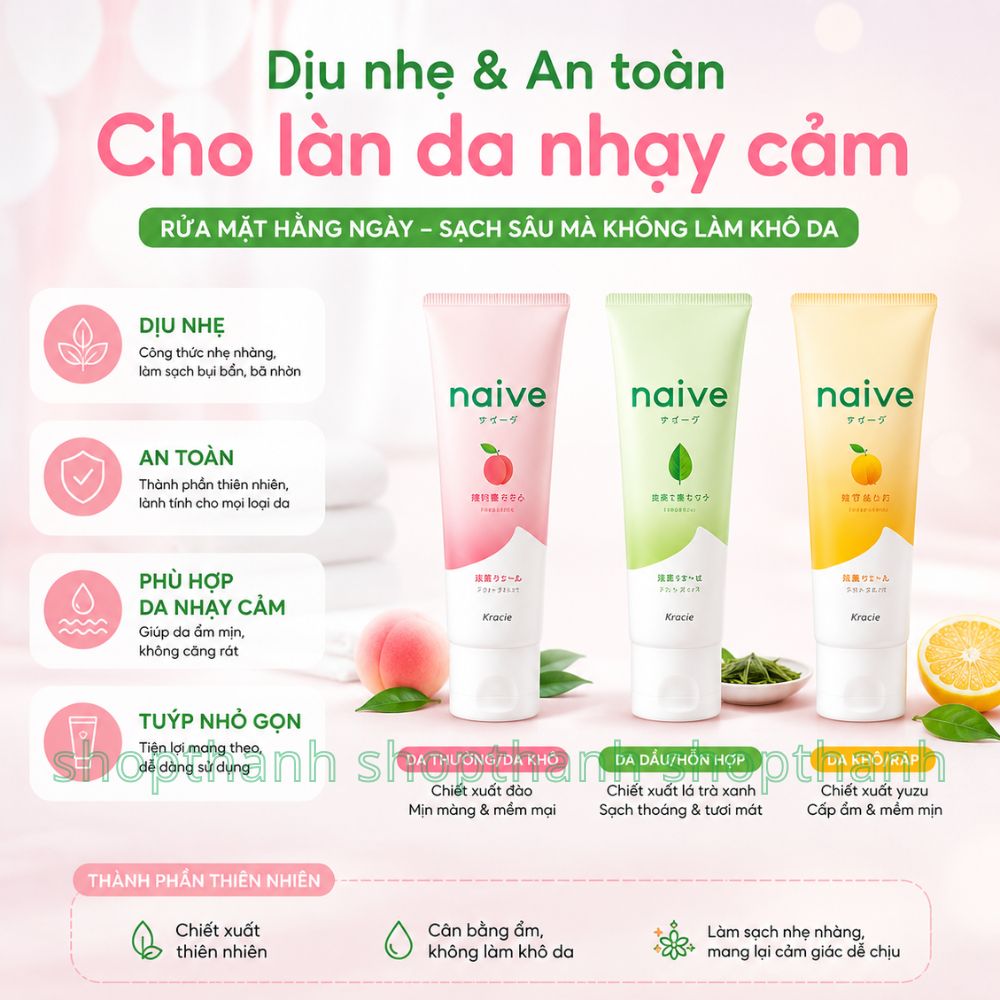 Sữa Rửa Mặt Naive Nhật Bản Dịu Nhẹ, Giữ Ẩm Tự Nhiên, Phù Hợp Da Thường, Khô & Dầu