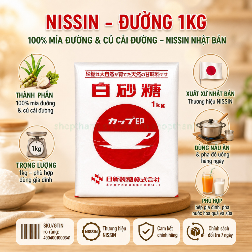 Đường Trắng Nissin 1Kg - Vị Ngọt Thanh Mát, Thương Hiệu NISSIN Nhật Bản Cho Gia Đình
