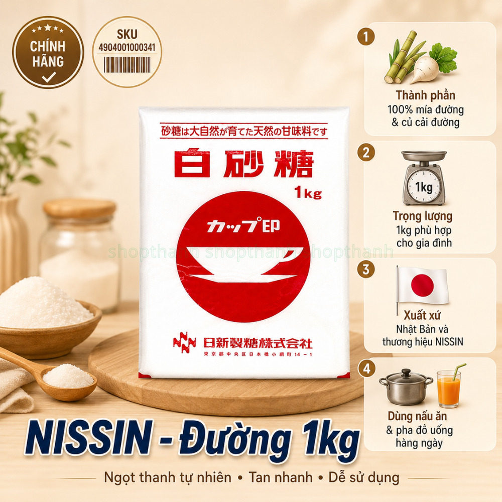 Đường Trắng Nissin 1Kg - Vị Ngọt Thanh Mát, Thương Hiệu NISSIN Nhật Bản Cho Gia Đình