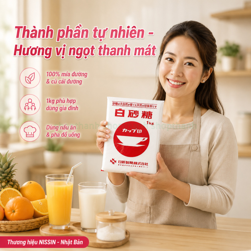 Đường Trắng Nissin 1Kg - Vị Ngọt Thanh Mát, Thương Hiệu NISSIN Nhật Bản Cho Gia Đình