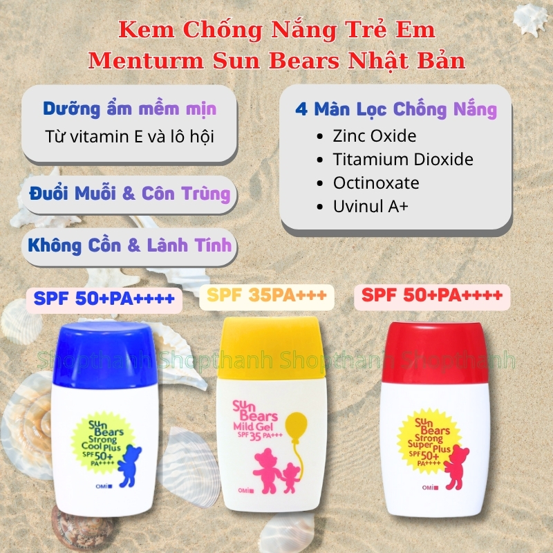 Chống Nắng Menturm Sun Bears Nhật Bản Cho Bé Da Nhạy Cảm – Gel Mỏng Nhẹ, Dưỡng Ẩm, Không Vệt Trắng, An Toàn 30gr