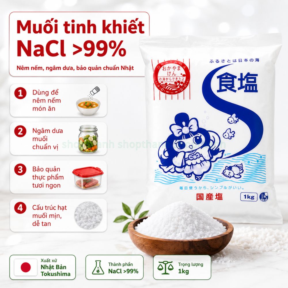 Muối Tinh Khiết Nhật Bản 1kg | Nêm Món Ăn Đậm Đà, NaCl >99% Cho Gia Đình