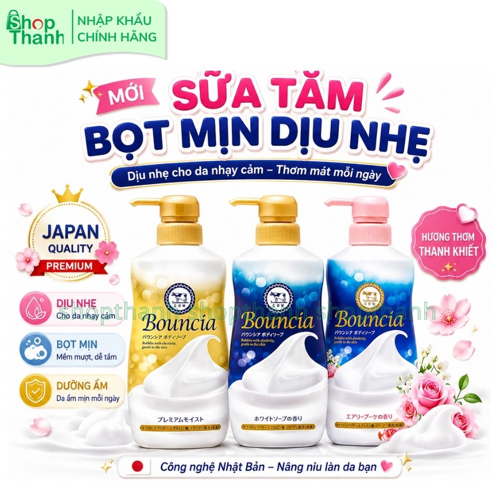 Sữa Tắm Bouncia Premium Moist Dưỡng Ẩm Sâu Với Collagen & Ceramide Cho Da Khô Mềm Mịn Hàng Ngày