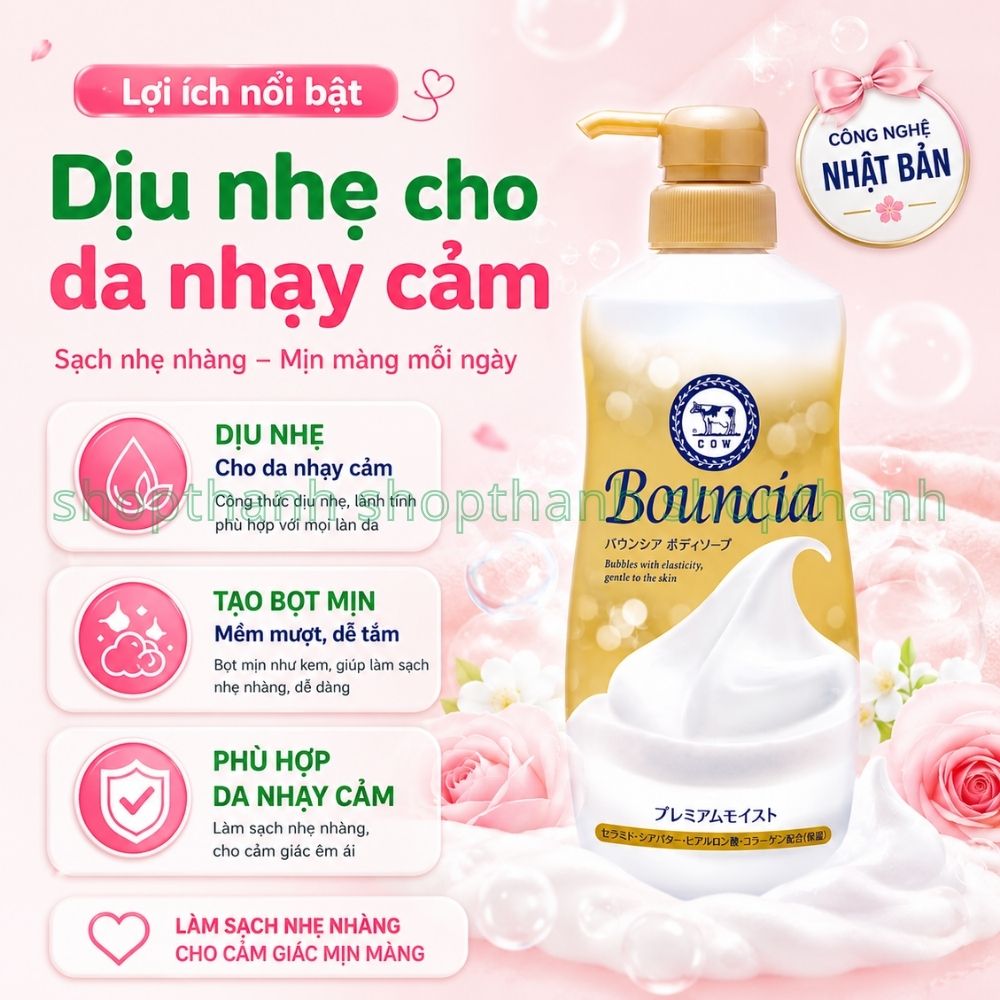 Sữa Tắm Bouncia Premium Moist Dưỡng Ẩm Sâu Với Collagen & Ceramide Cho Da Khô Mềm Mịn Hàng Ngày