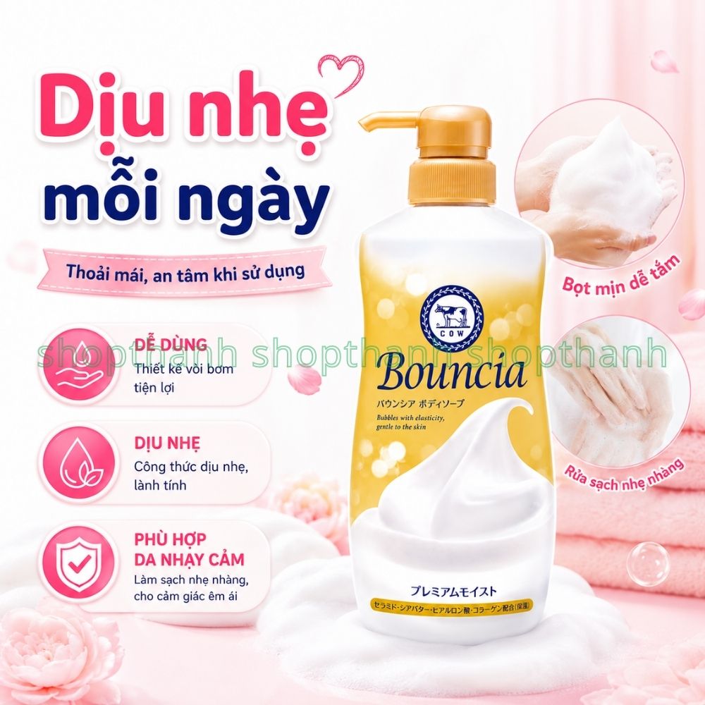 Sữa Tắm Bouncia Premium Moist Dưỡng Ẩm Sâu Với Collagen & Ceramide Cho Da Khô Mềm Mịn Hàng Ngày