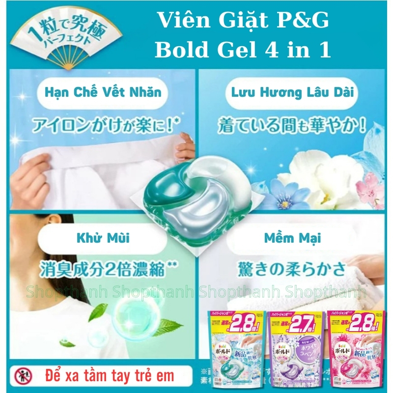 Viên Giặt P&G Gel Ball Bold 4D 4in1 - Giặt, Xả, Khử Mùi, Chống Nhăn Nhật Bản