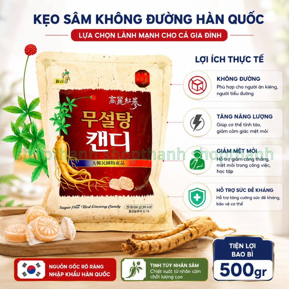 Kẹo Sâm Không Đường Hàn Quốc 500g Bổ Sung Năng Lượng, Tăng Đề Kháng Cho Người Ăn Kiêng Và Cao Tuổi