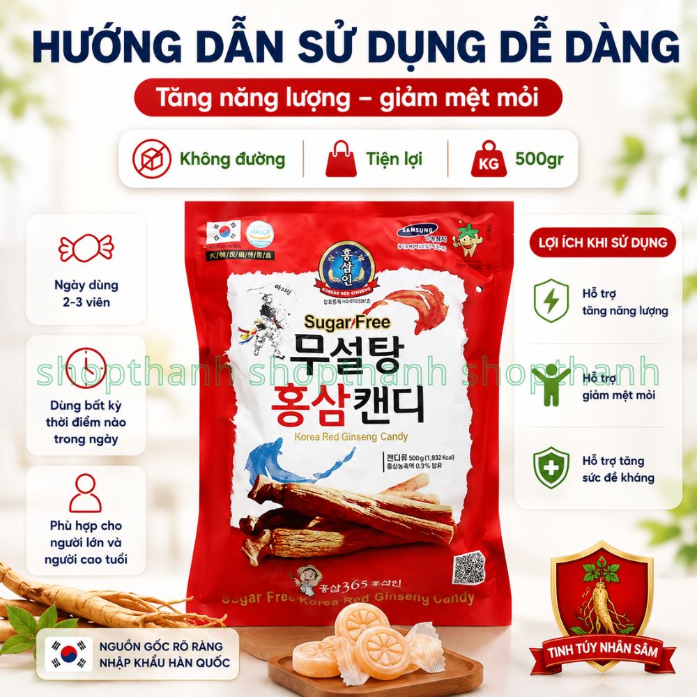 Kẹo Sâm Không Đường Hàn Quốc 500g Bổ Sung Năng Lượng, Tăng Đề Kháng Cho Người Ăn Kiêng Và Cao Tuổi