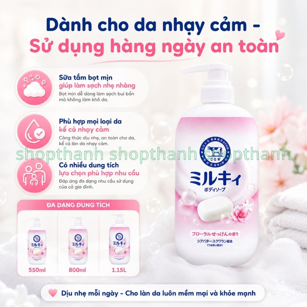 Sữa Tắm Bọt Mịn Dịu Nhẹ COW Nhật Bản Làm Sạch Sâu Không Gây Khô Da Phù Hợp Mọi Loại Da