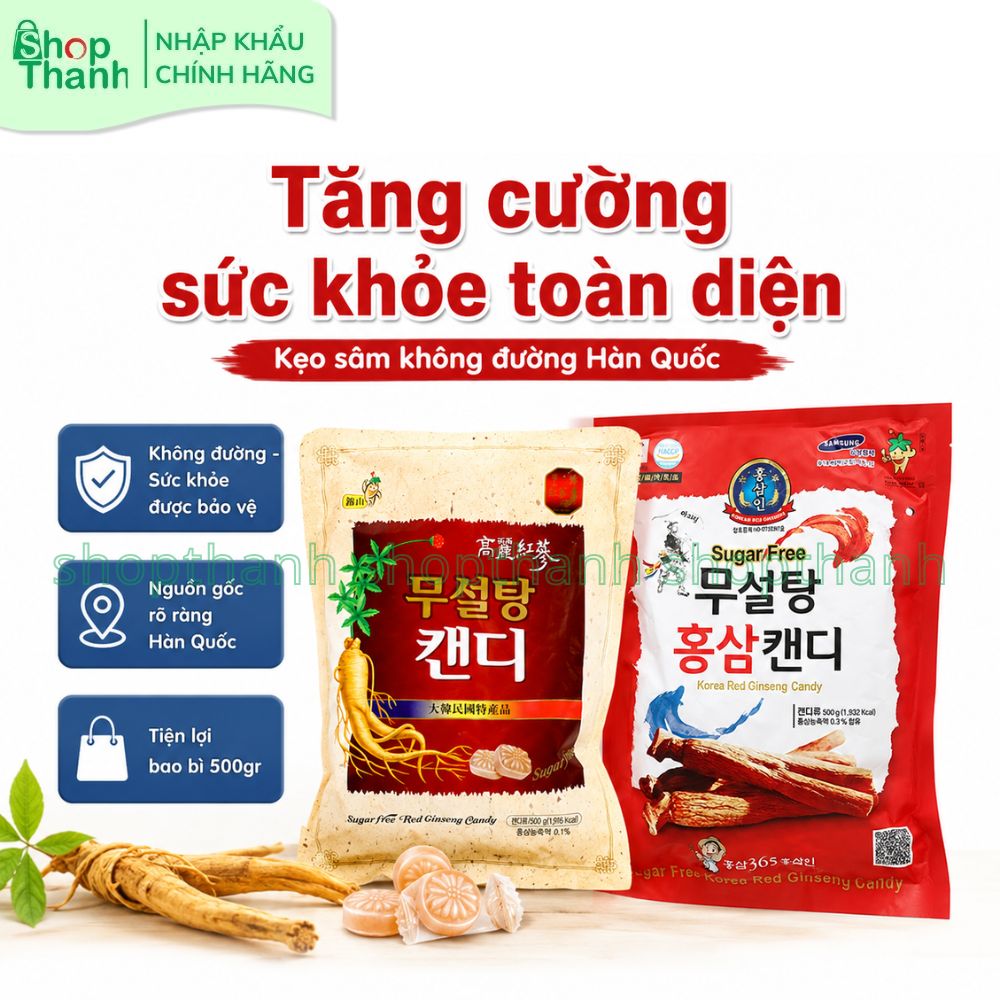 Kẹo Sâm Không Đường Hàn Quốc 500g Bổ Sung Năng Lượng, Tăng Đề Kháng Cho Người Ăn Kiêng Và Cao Tuổi